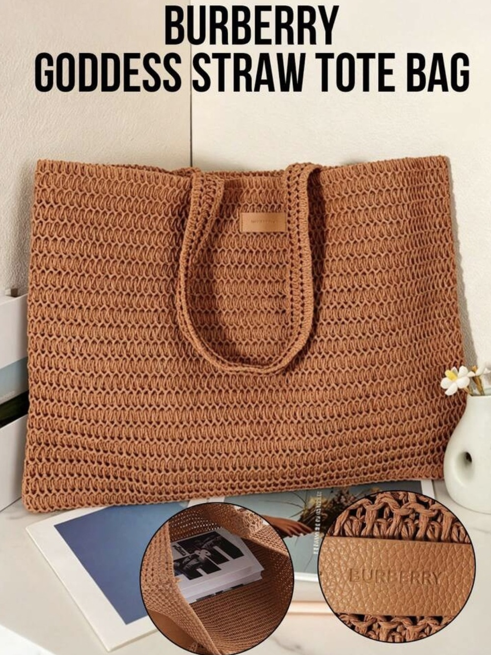 Burberry Tan Woven Straw Tote Bag